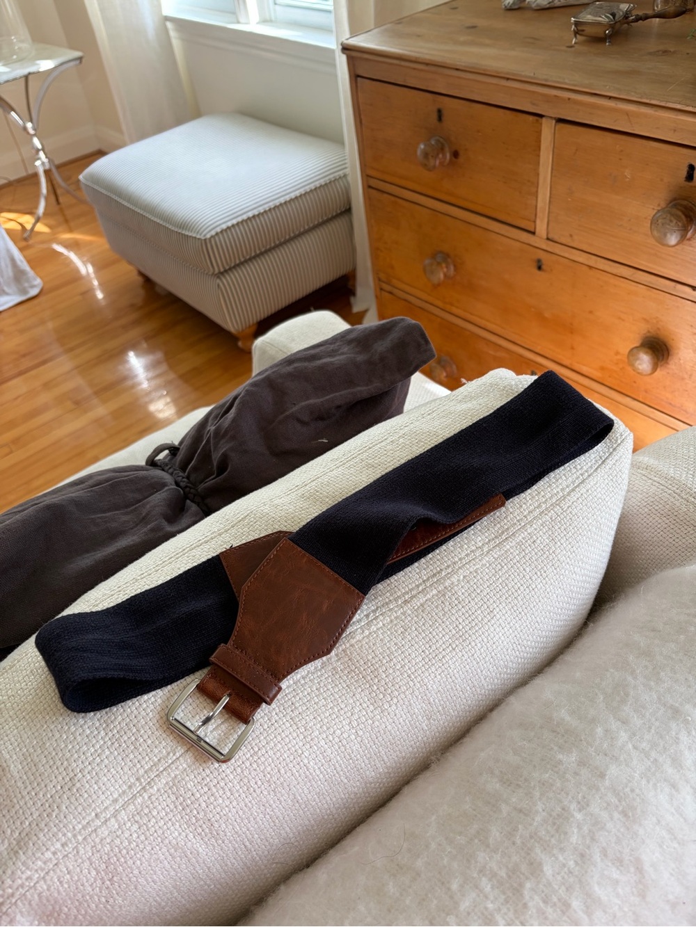 Men's Black Elastic Web Belt Navy with Brown Leather Trim